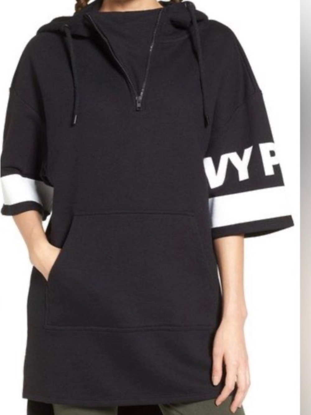 IVY PARK Black Hooded Short-Sleeve Sweatshirt Dress with White Sleeve Panel